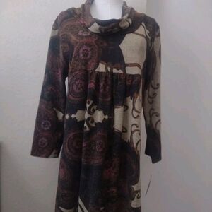 Forever Size XL Y2K Hippie Brown, Cream & Pink Paisley Cowl Neck Long Sleeve